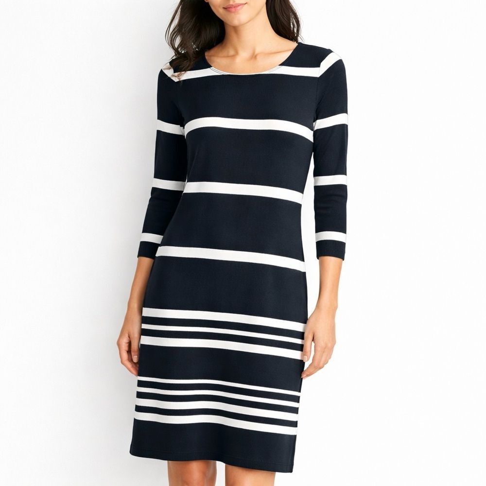 Worth New York Striped Knit Dress Black White 3/4 Sleeve Size Small USA Made